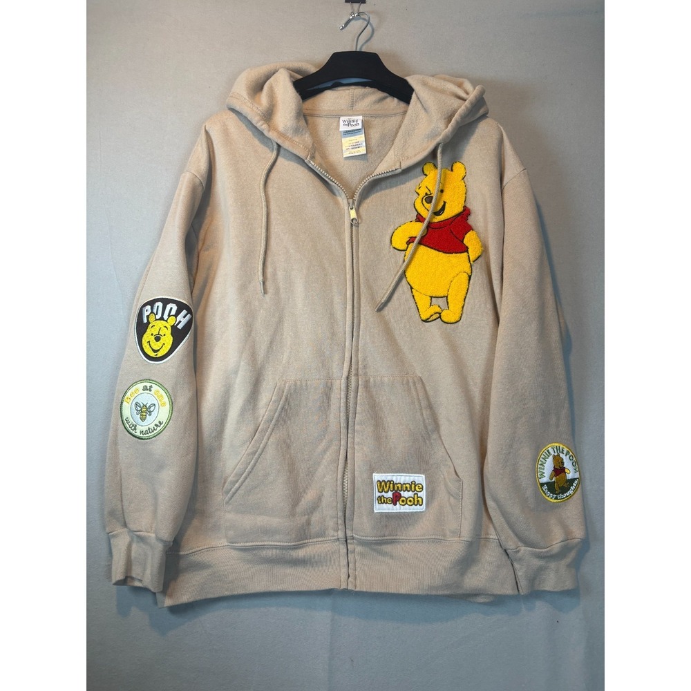 Disney Winnie the Pooh Hoodie Size L Beige Freeze Embroidered Patches Sand Zip